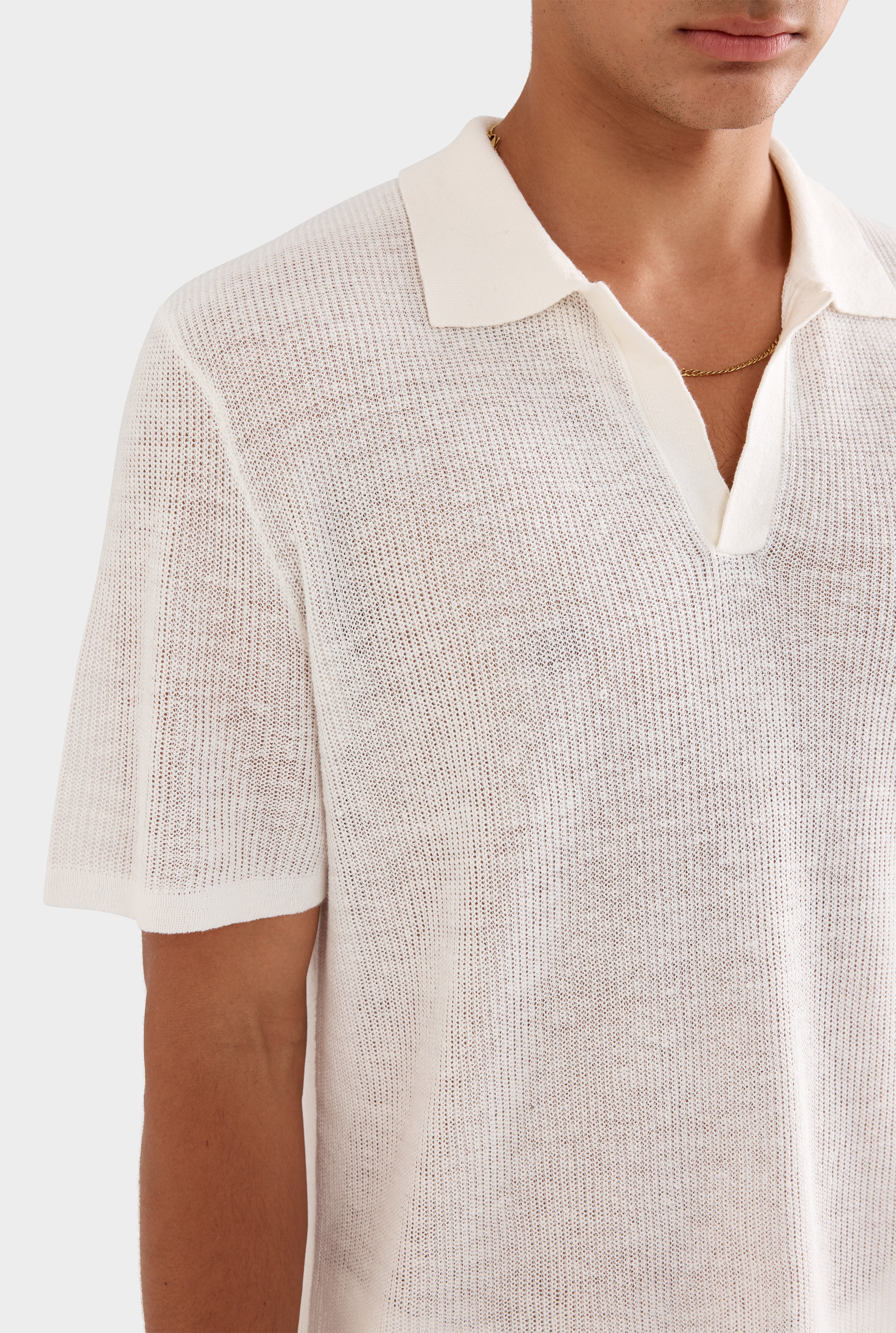 Rib Knit Open Neck Polo - Off White