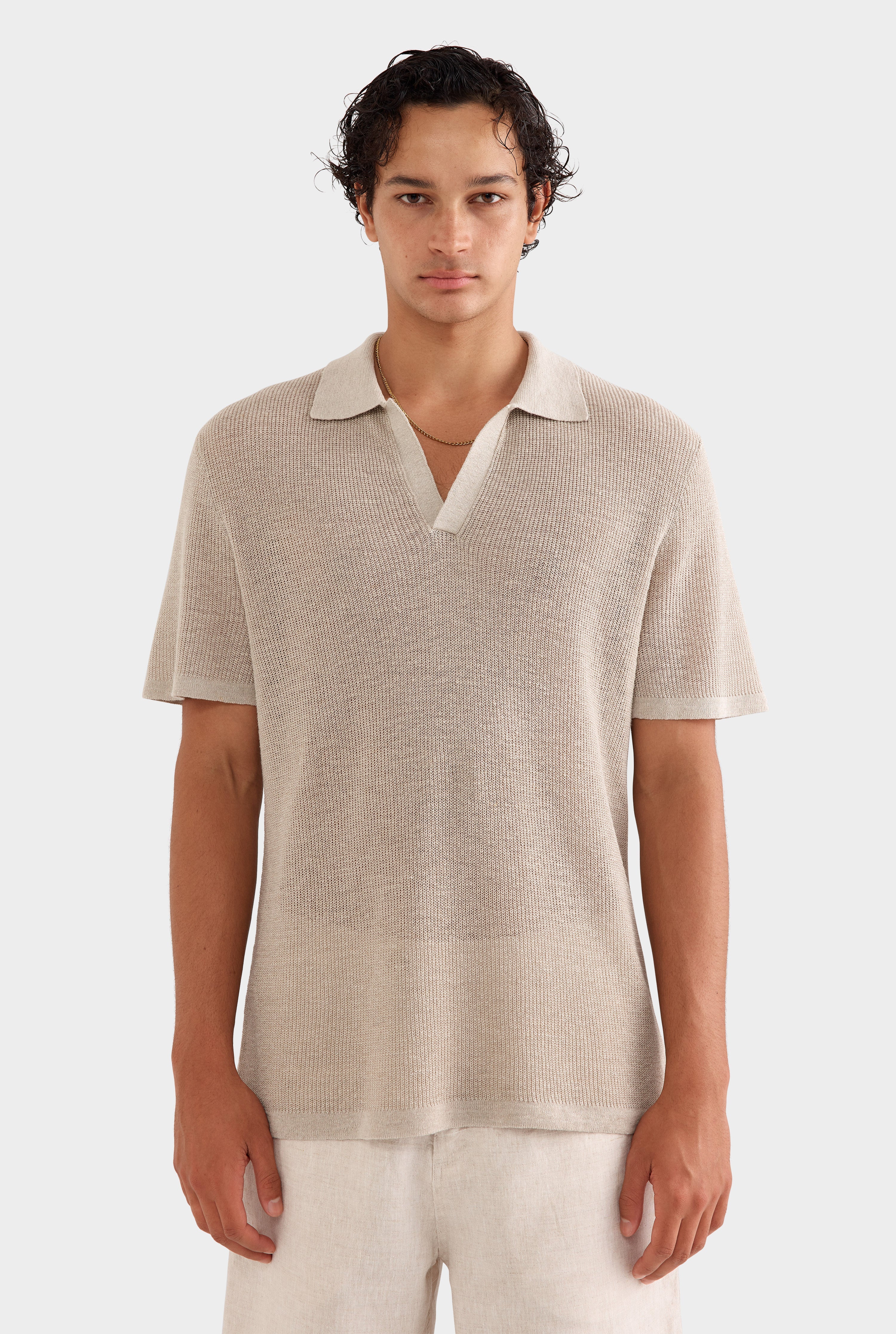 Rib Knit Open Neck Polo - Taupe