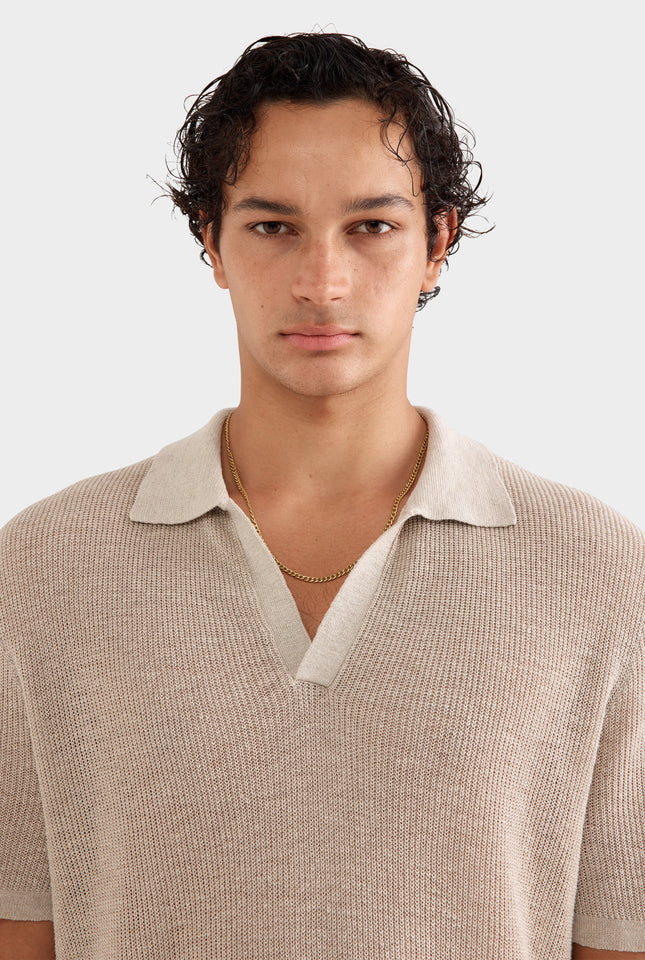 Rib Knit Open Neck Polo - Taupe