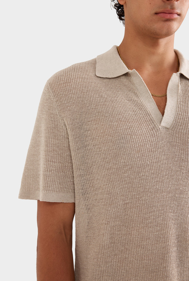 Rib Knit Open Neck Polo - Taupe