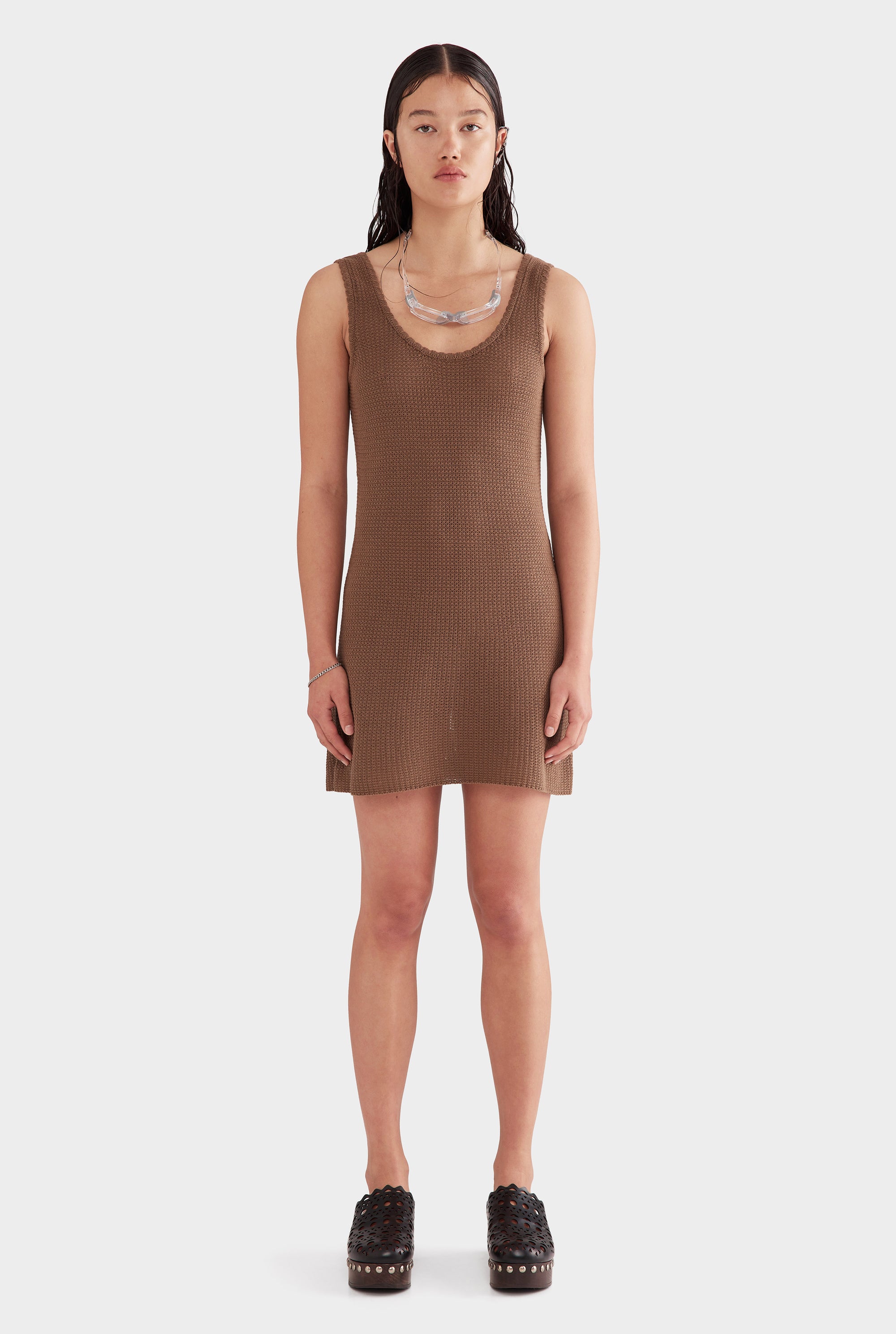 Cotton Knit Tank Mini Dress - Moss Brown