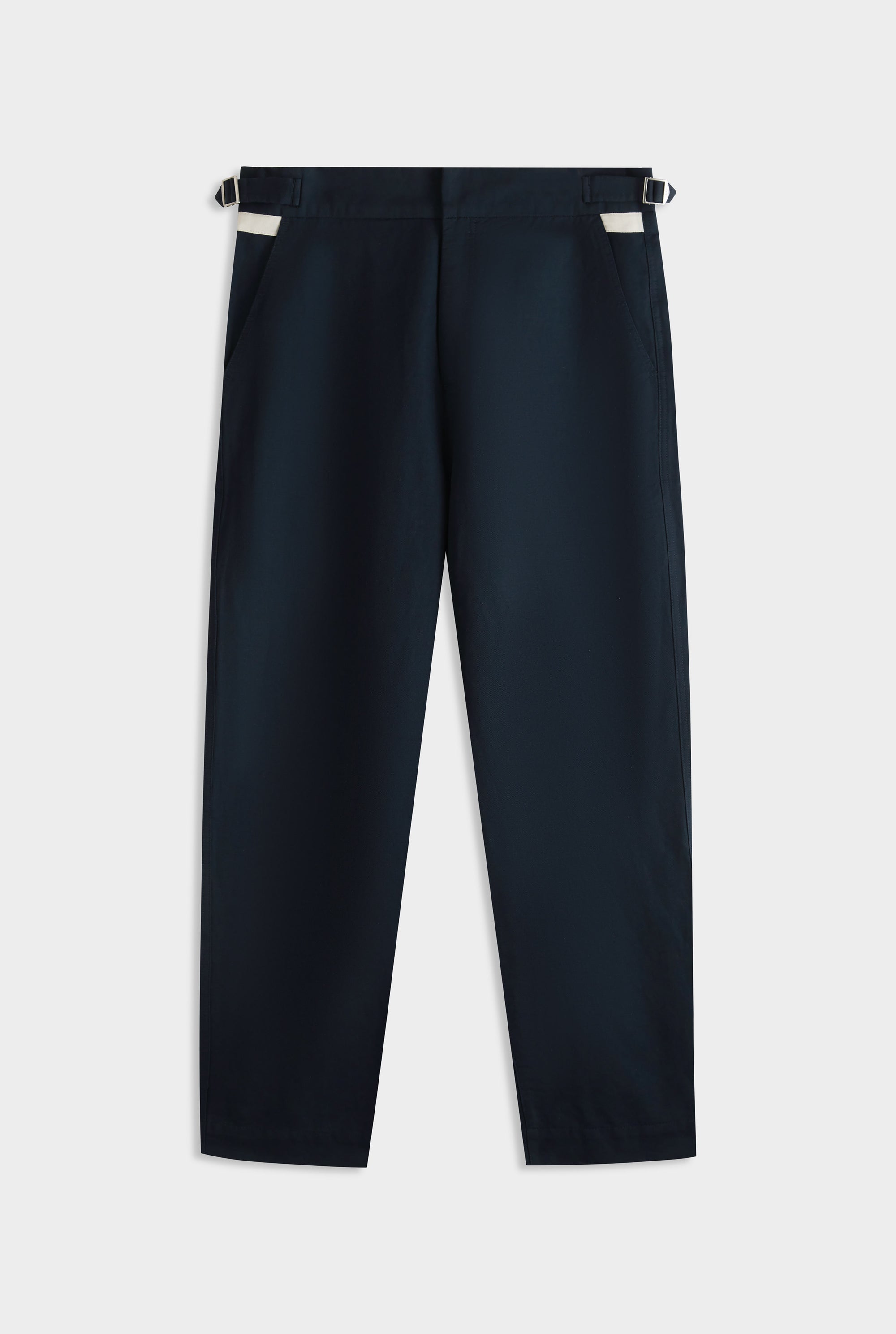 Cotton Linen Twill Side Tab Trouser -  Navy/Natural Tape