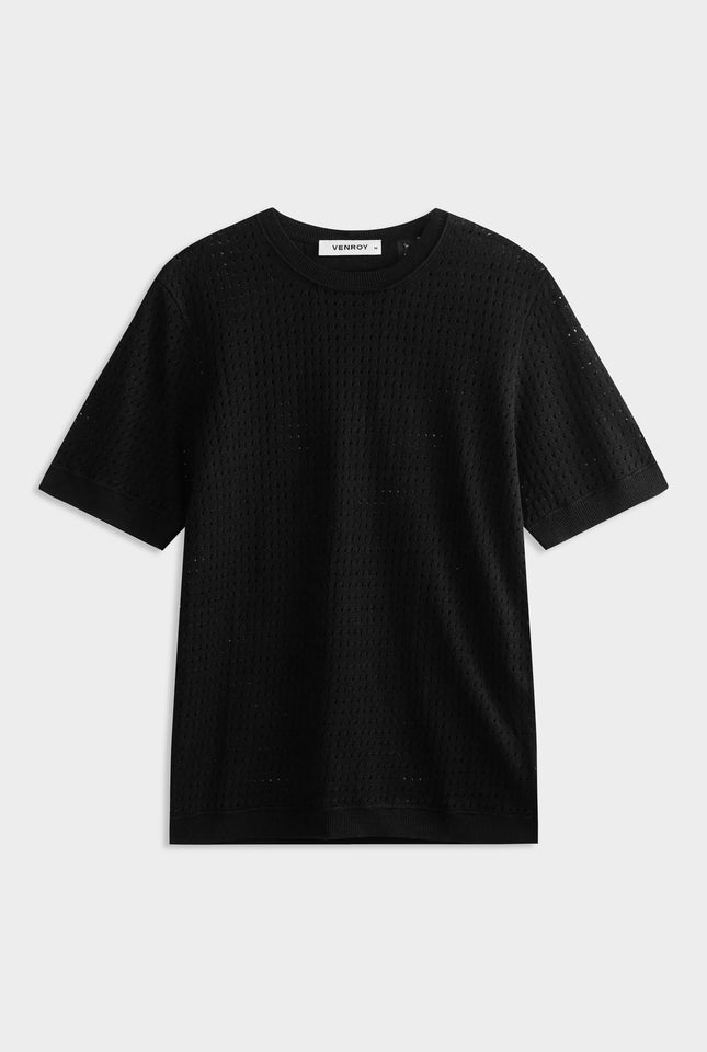Linen Raw Edge Detail Knit T-Shirt - Black