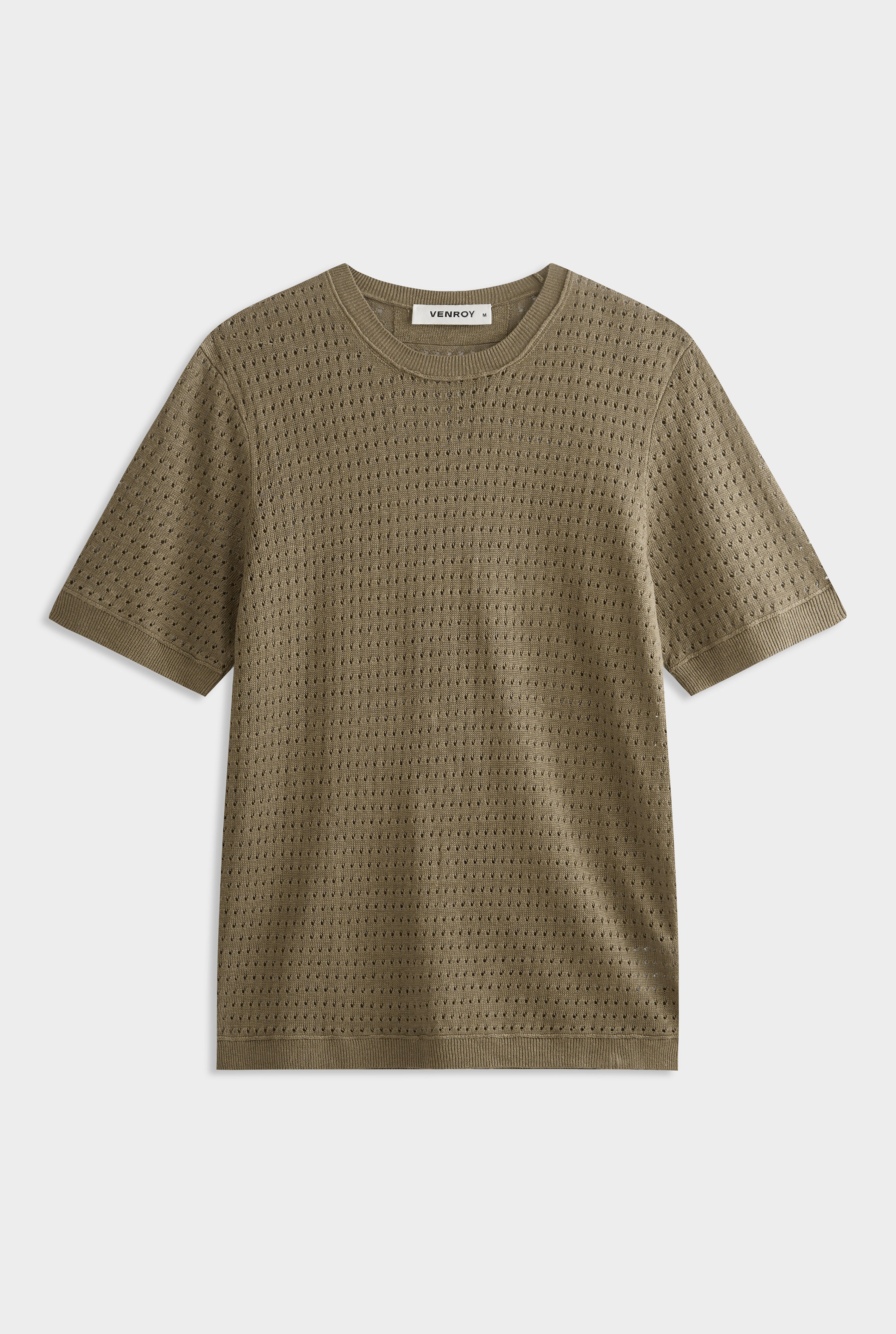 Linen Raw Edge Detail Knit T-Shirt - Sepia