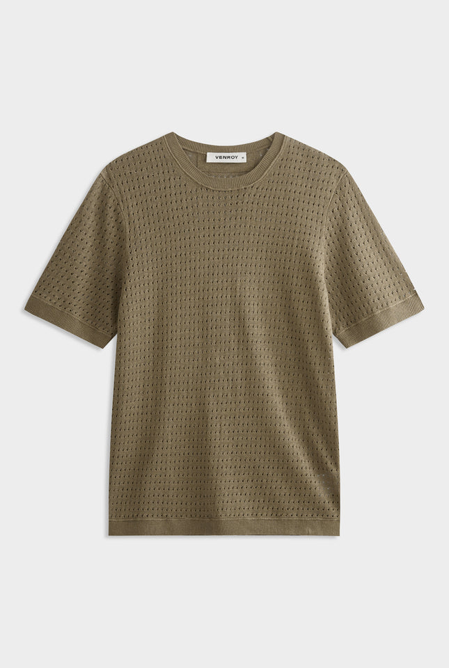 Linen Raw Edge Detail Knit T-Shirt - Sepia