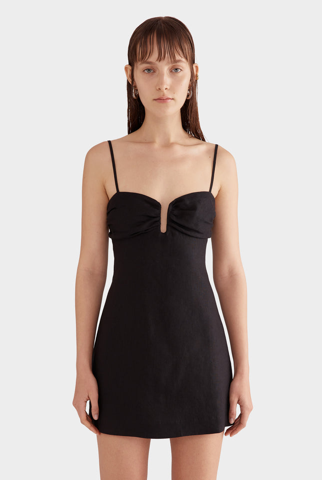 Ruched Bustier Linen Mini Dress - Black