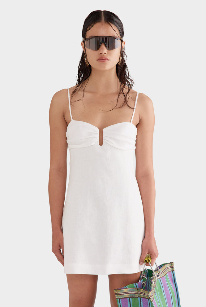 Ruched Bustier Linen Mini Dress - Off White