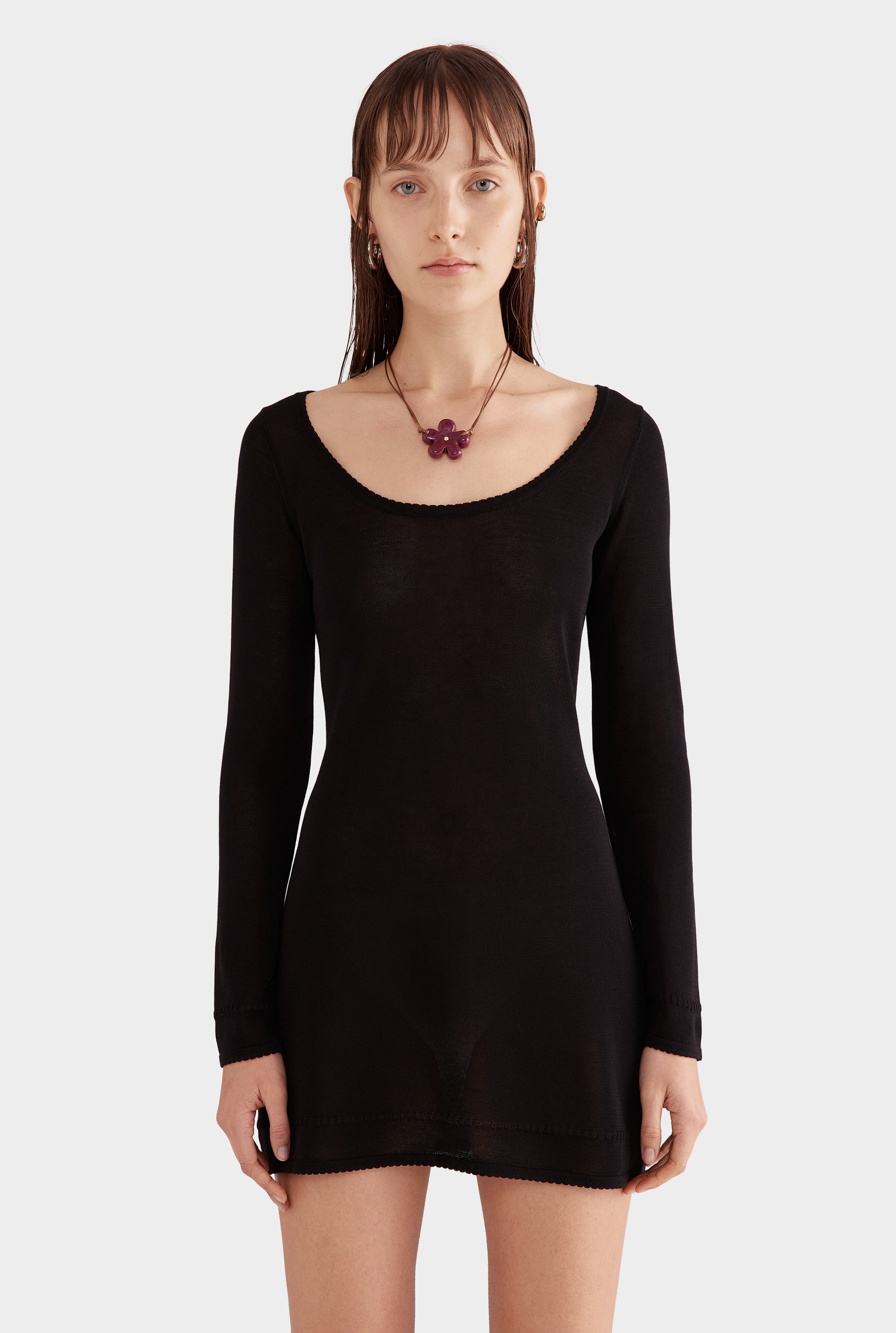 Scoop Neck Knit Mini Dress - Black