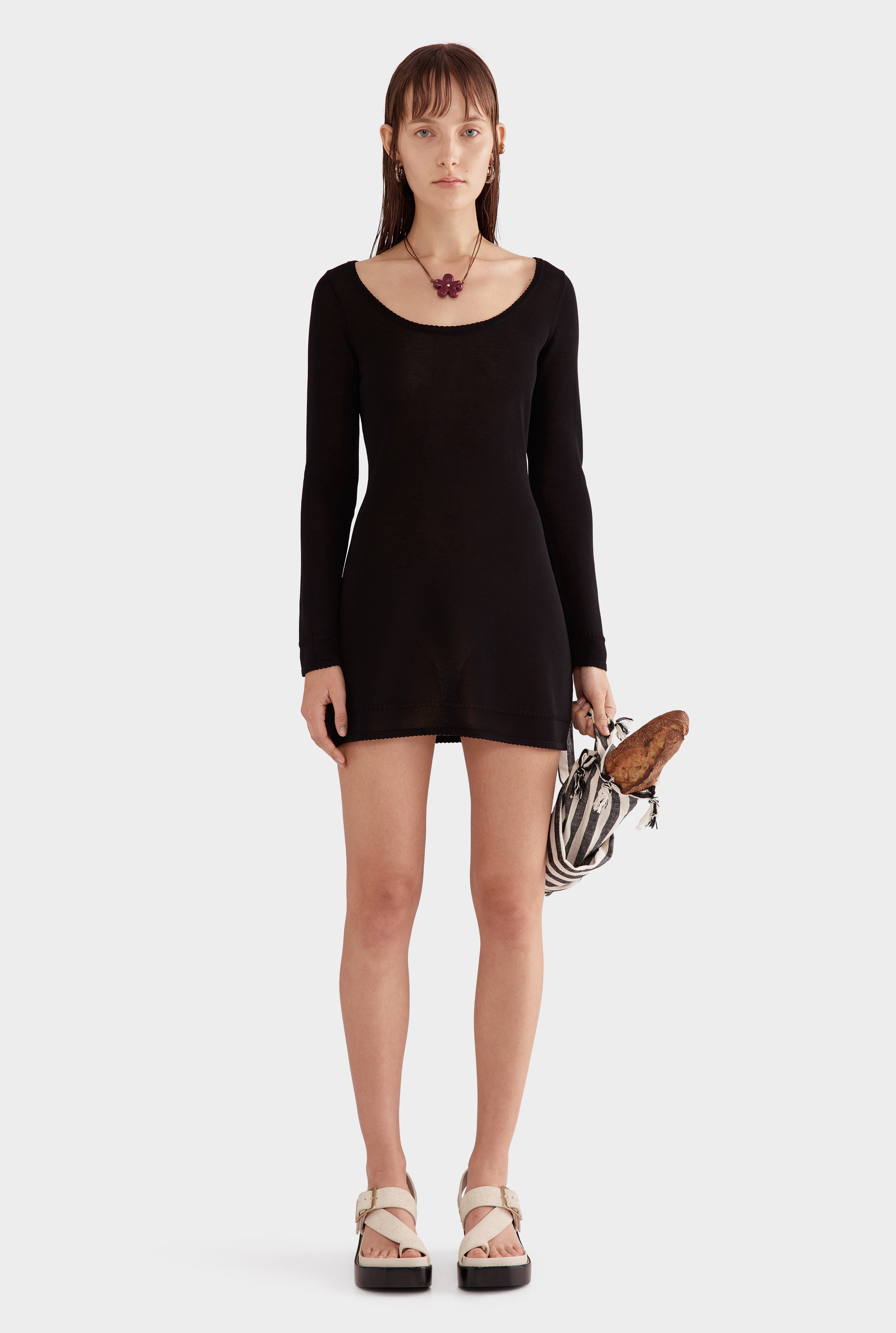 Scoop Neck Knit Mini Dress - Black