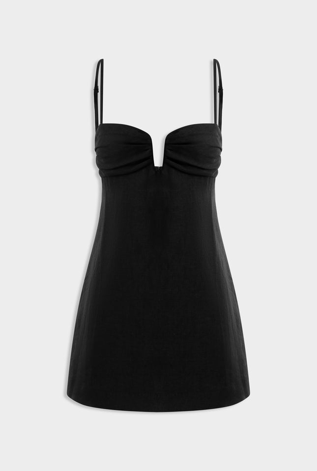 Ruched Bustier Linen Mini Dress - Black