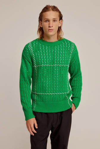 Whipstitch Cotton Cashmere Sweater - Bright Green/Grey Marl