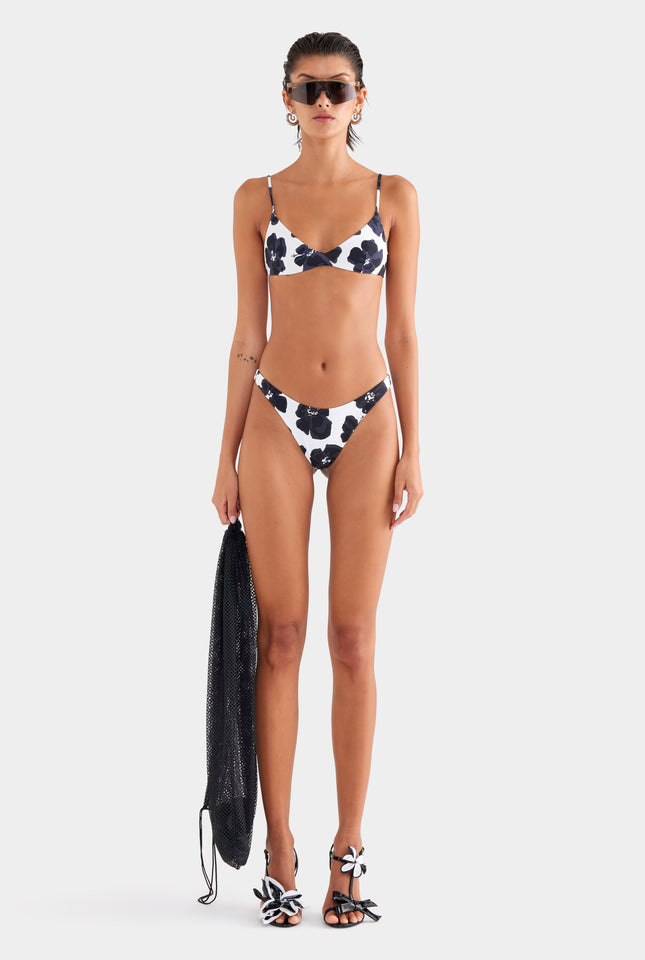 High Cut Bikini Brief - White/Black Hibiscus