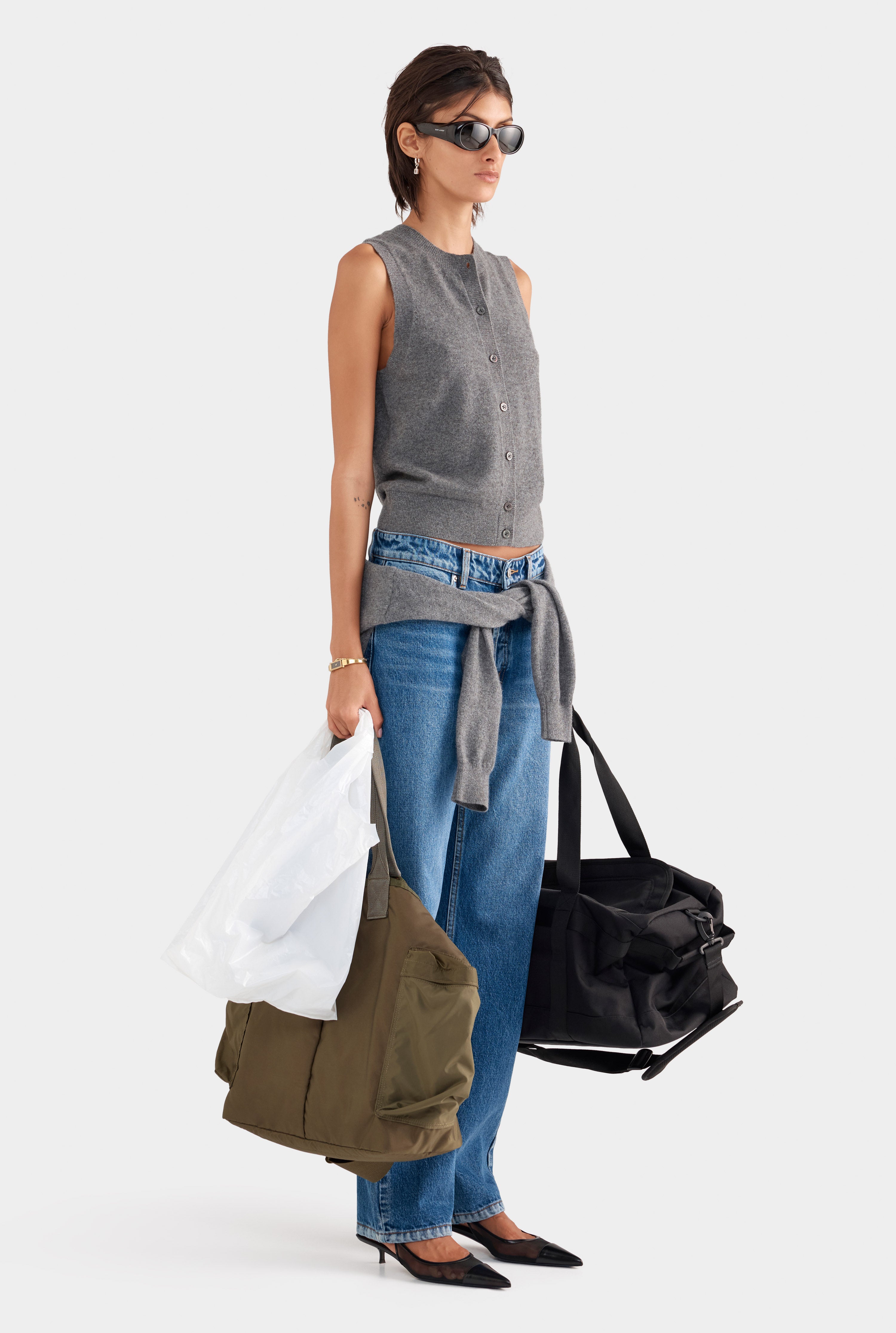 Cashmere Button Through Tank - Charcoal