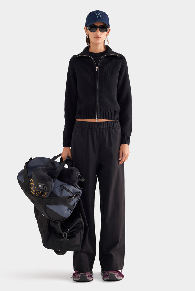 Cotton Funnel Neck Zip Up Sweater - Black