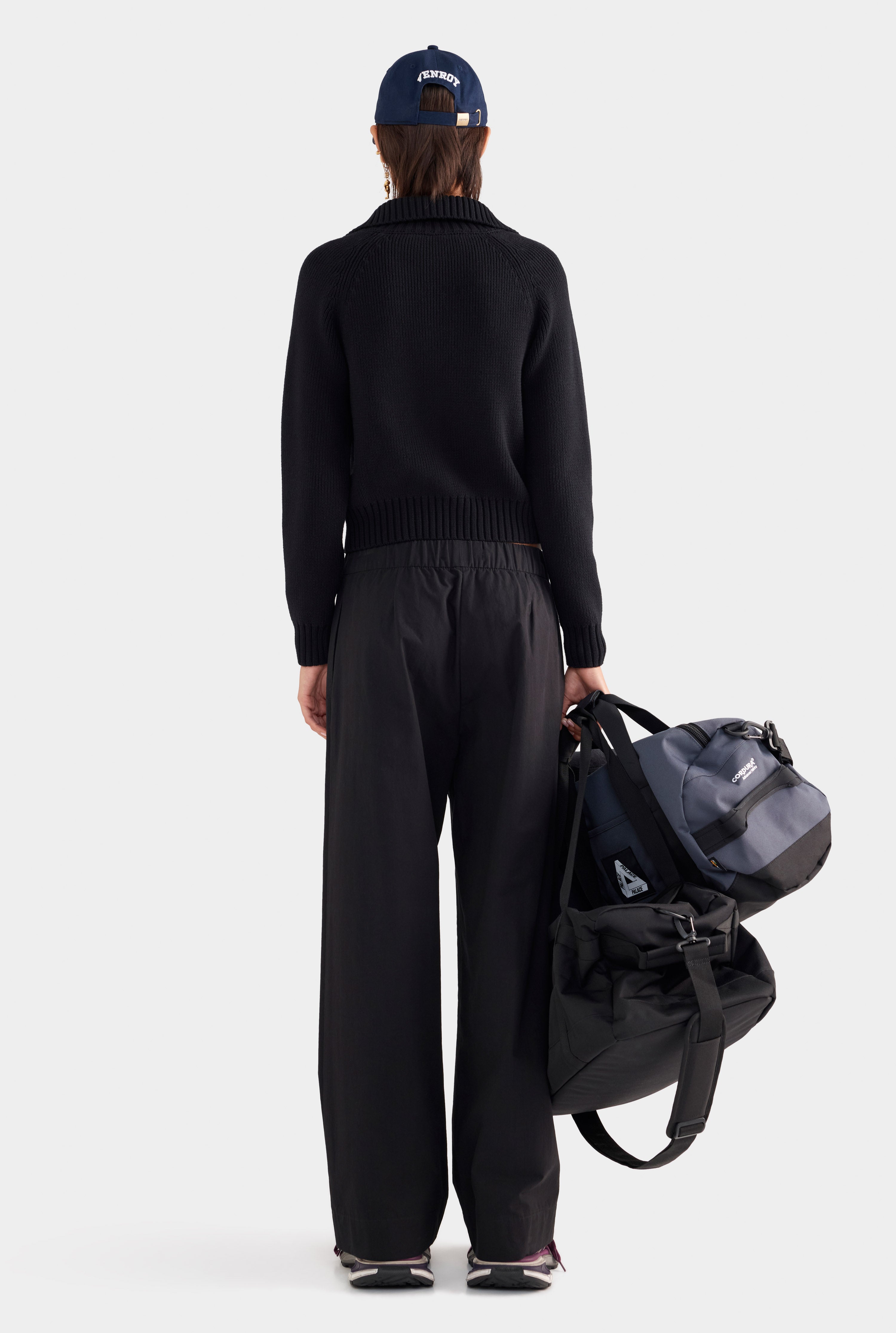Cotton Funnel Neck Zip Up Sweater - Black