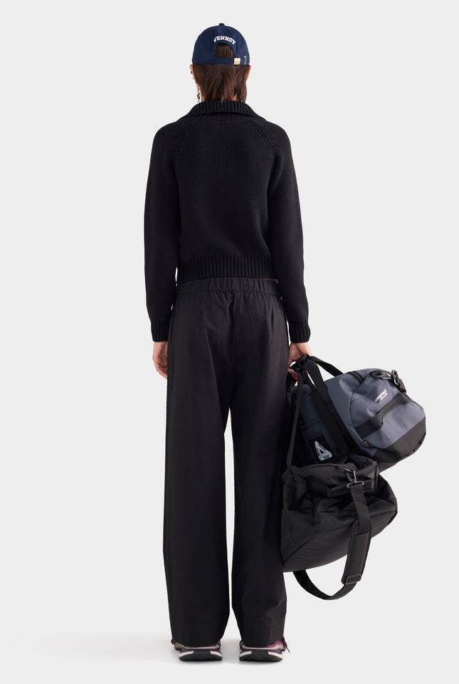 Cotton Funnel Neck Zip Up Sweater - Black