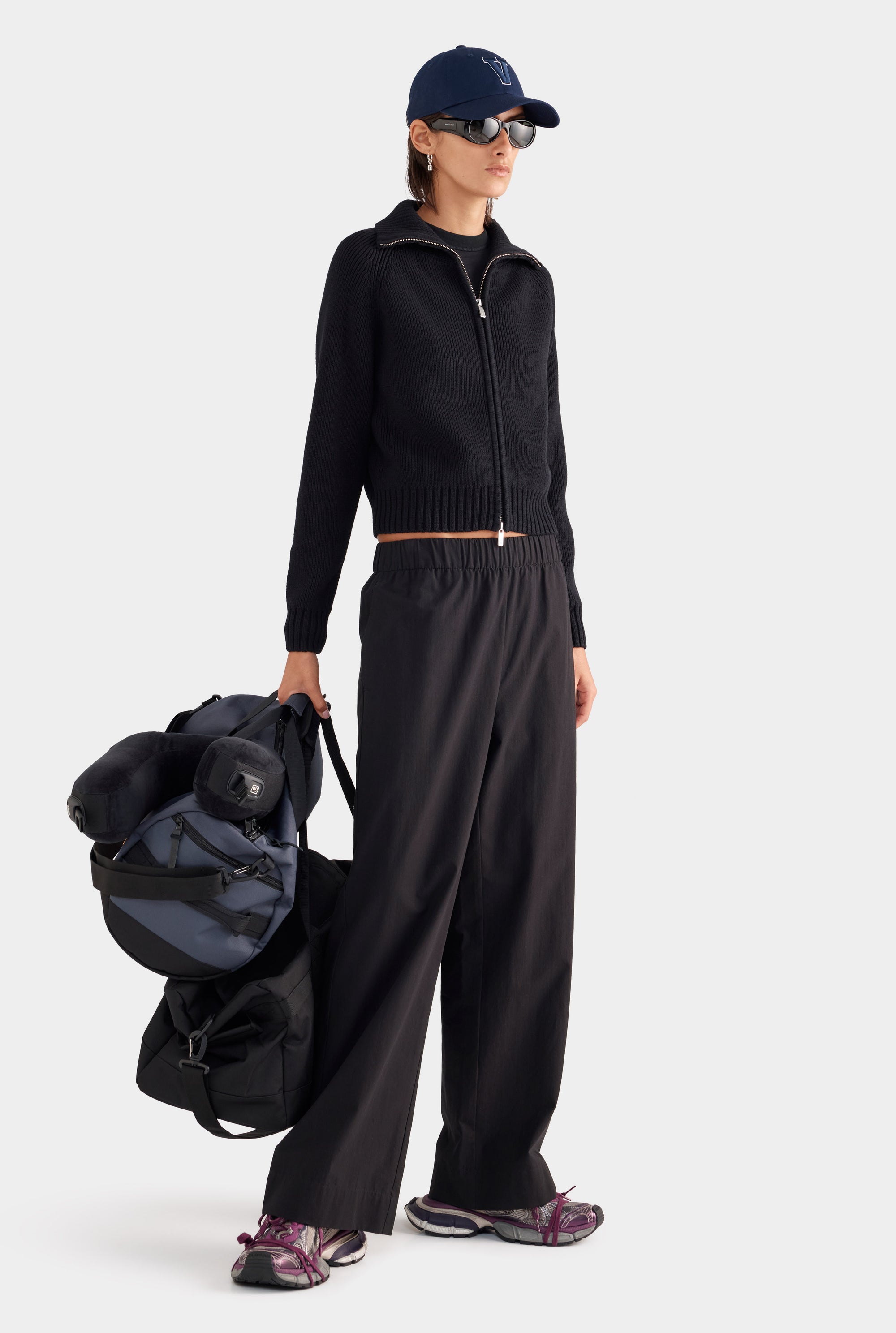 Cotton Funnel Neck Zip Up Sweater - Black