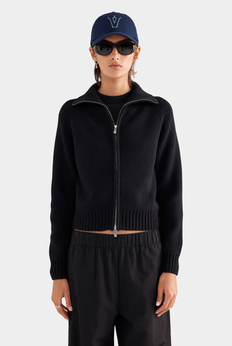 Cotton Funnel Neck Zip Up Sweater - Black