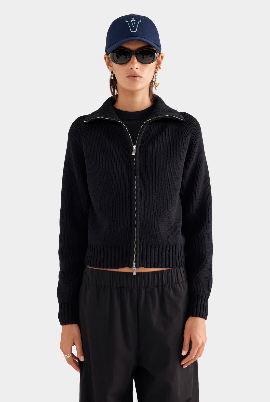 Cotton Funnel Neck Zip Up Sweater - Black