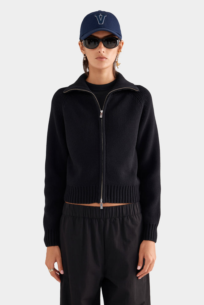 Cotton Funnel Neck Zip Up Sweater - White