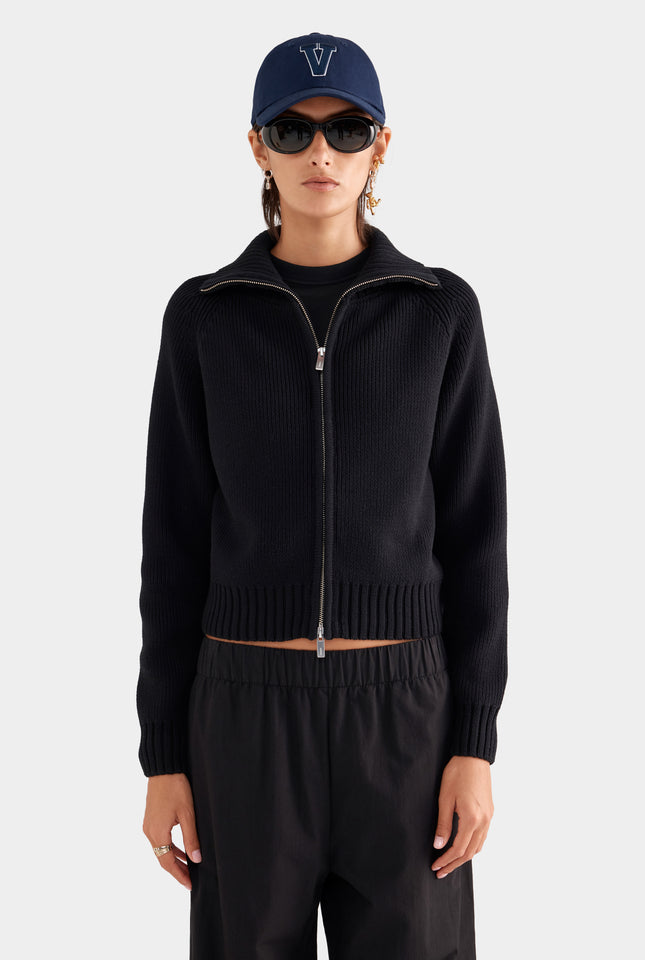 Cotton Funnel Neck Zip Up Sweater - Black