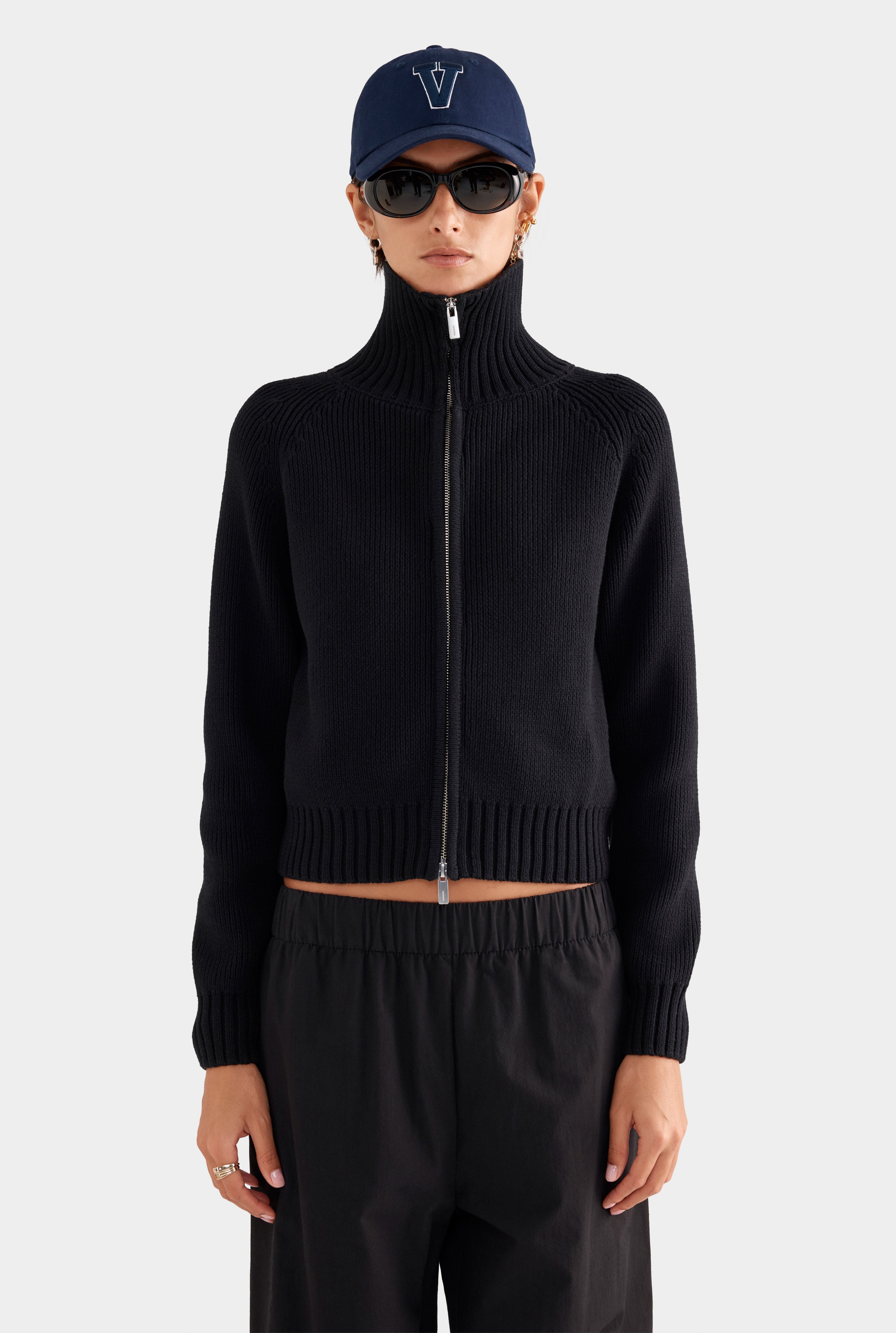 Cotton Funnel Neck Zip Up Sweater - Black