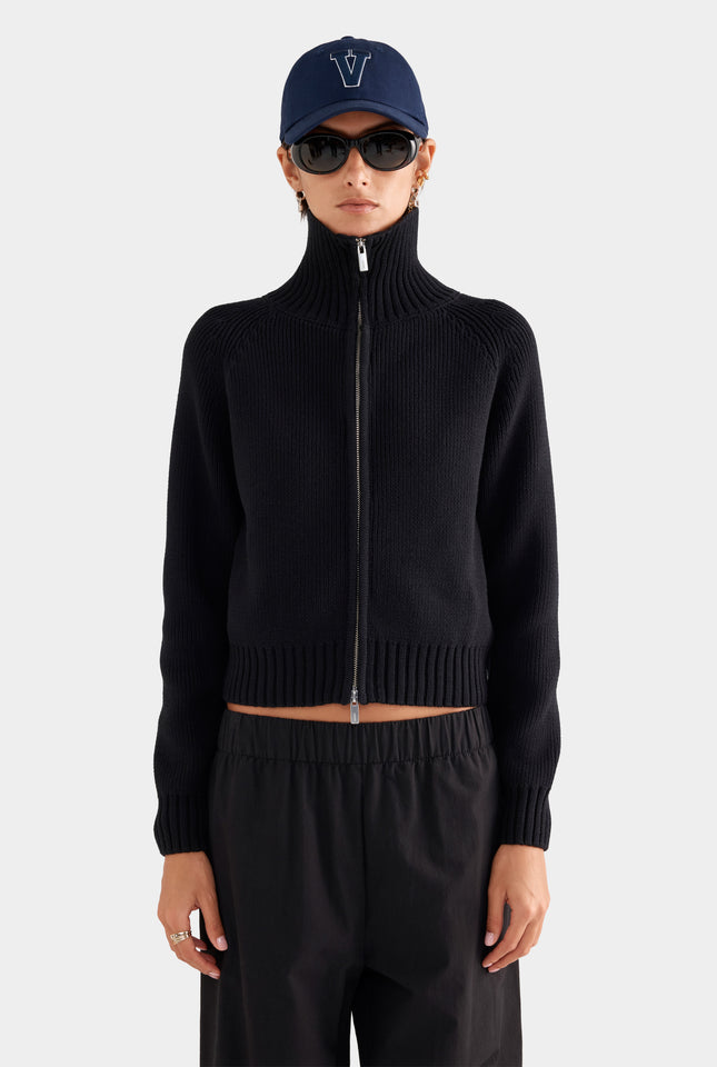 Cotton Funnel Neck Zip Up Sweater - Black