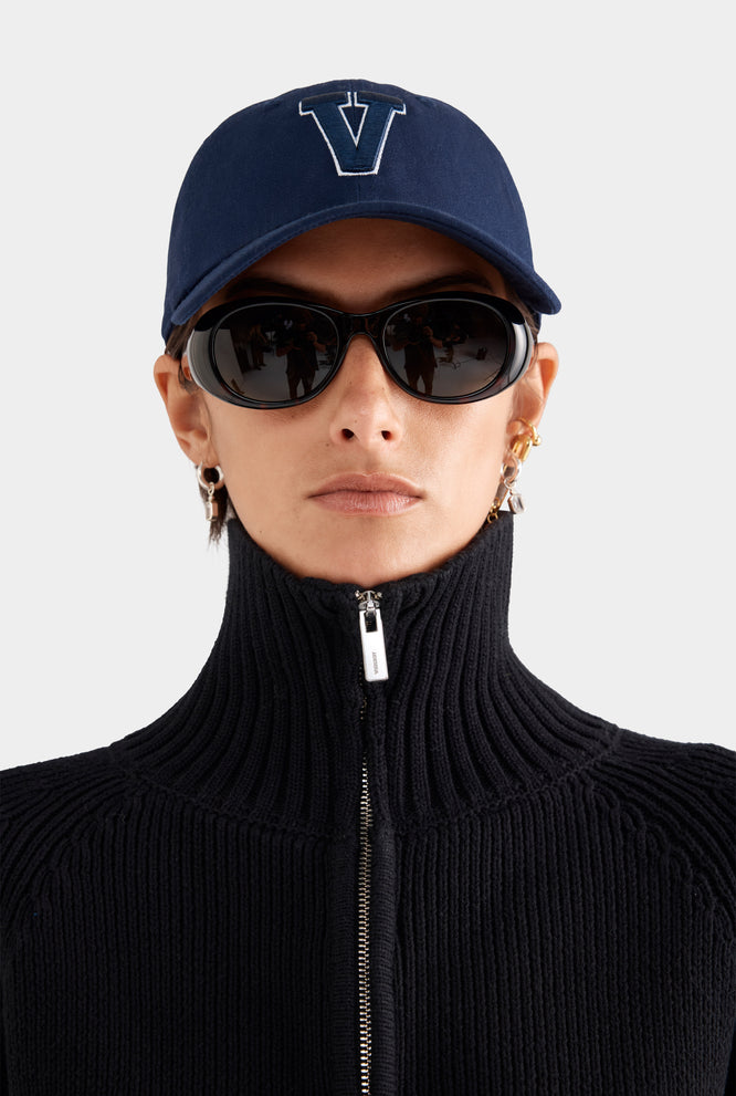 Cotton Funnel Neck Zip Up Sweater - Black