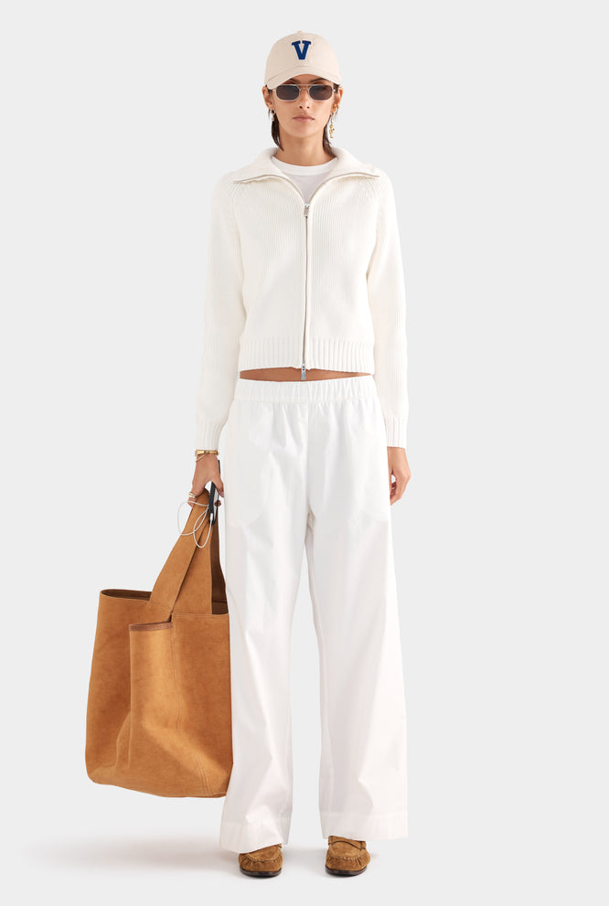 Cotton Funnel Neck Zip Up Sweater - White