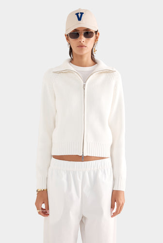 Cotton Funnel Neck Zip Up Sweater - White