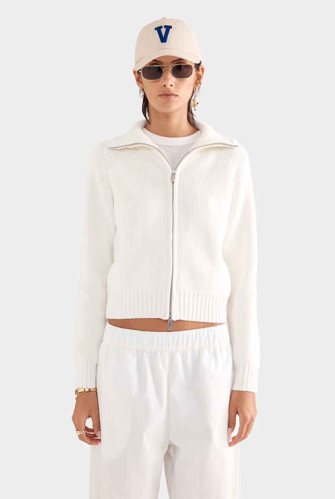 Cotton Funnel Neck Zip Up Sweater - Black
