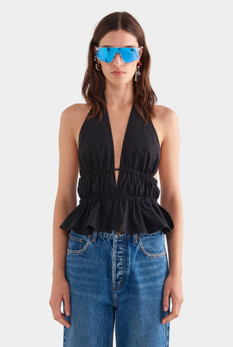Cotton Poplin Halter Top - Black