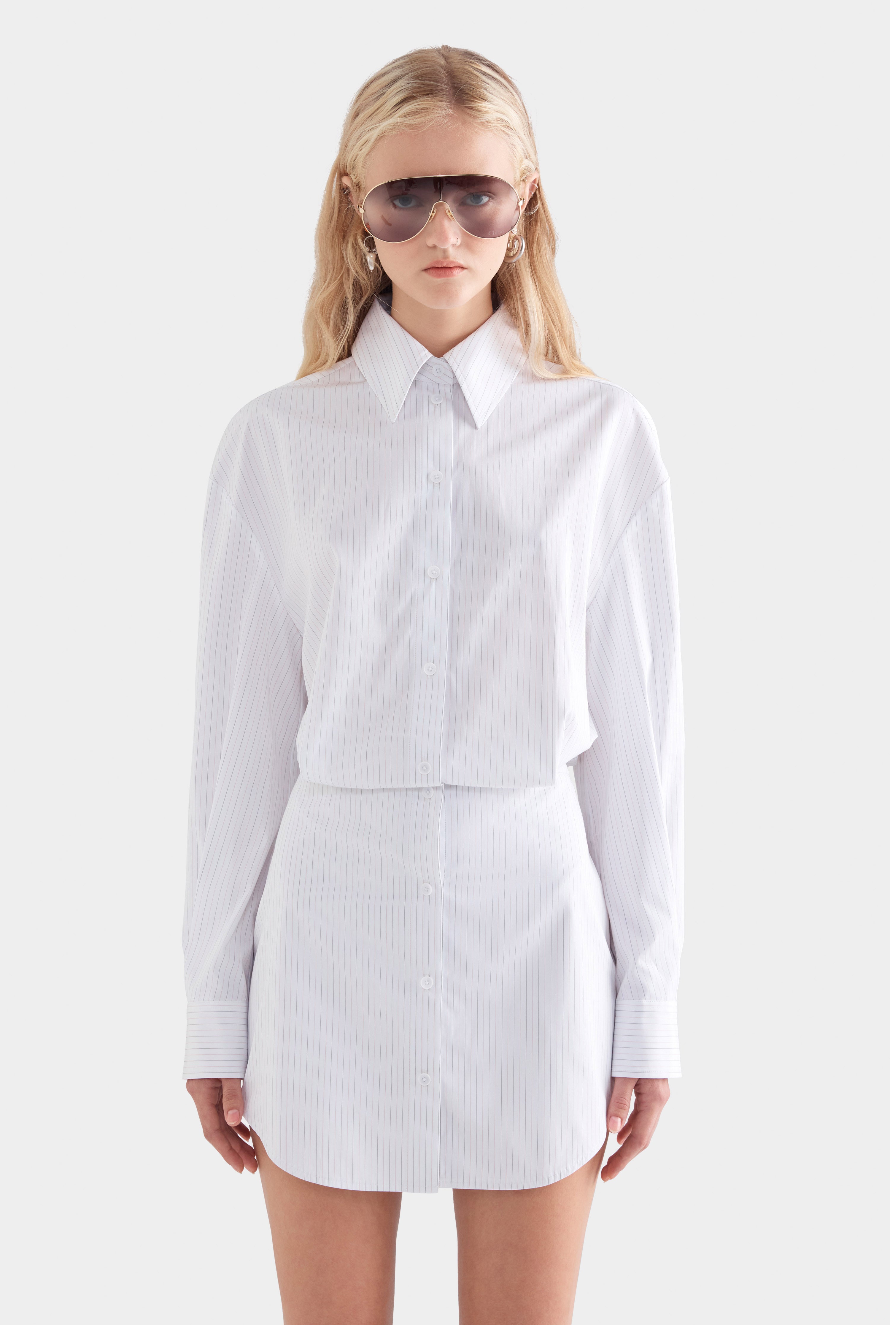 Cotton Shirt Mini Dress - White/Sage/Peach Pinstripe