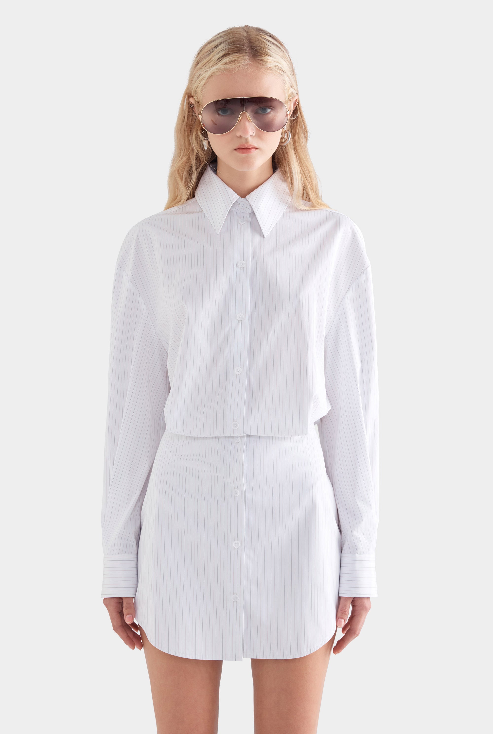 Cotton Shirt Mini Dress - White/Sage/Peach Pinstripe