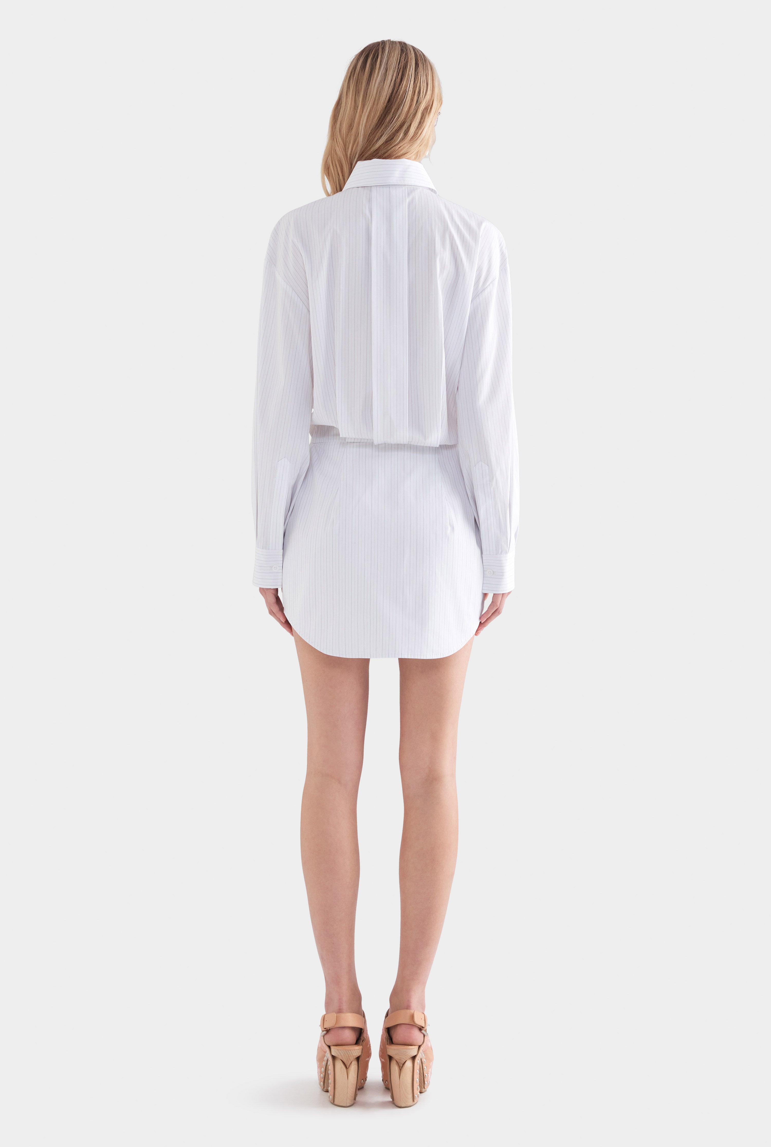 Cotton Shirt Mini Dress - White/Sage/Peach Pinstripe
