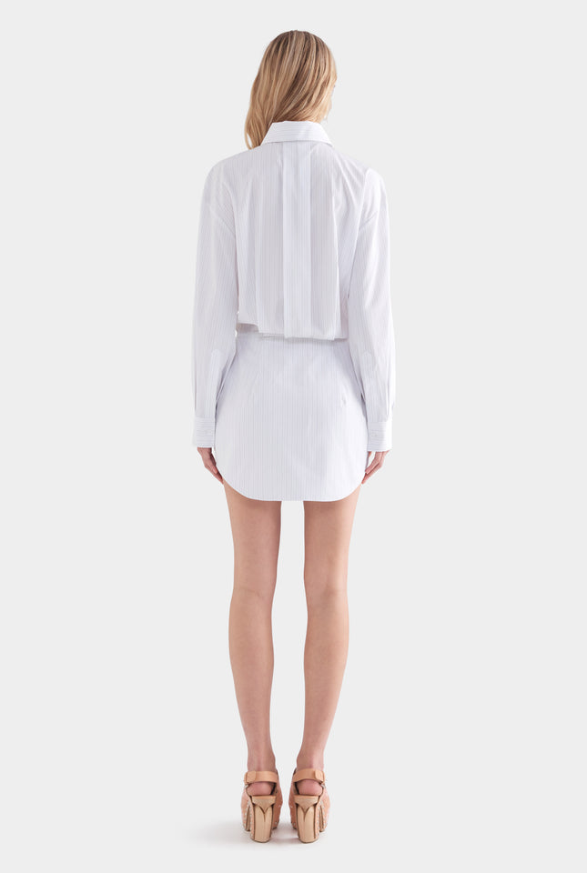 Cotton Shirt Mini Dress - White/Sage/Peach Pinstripe
