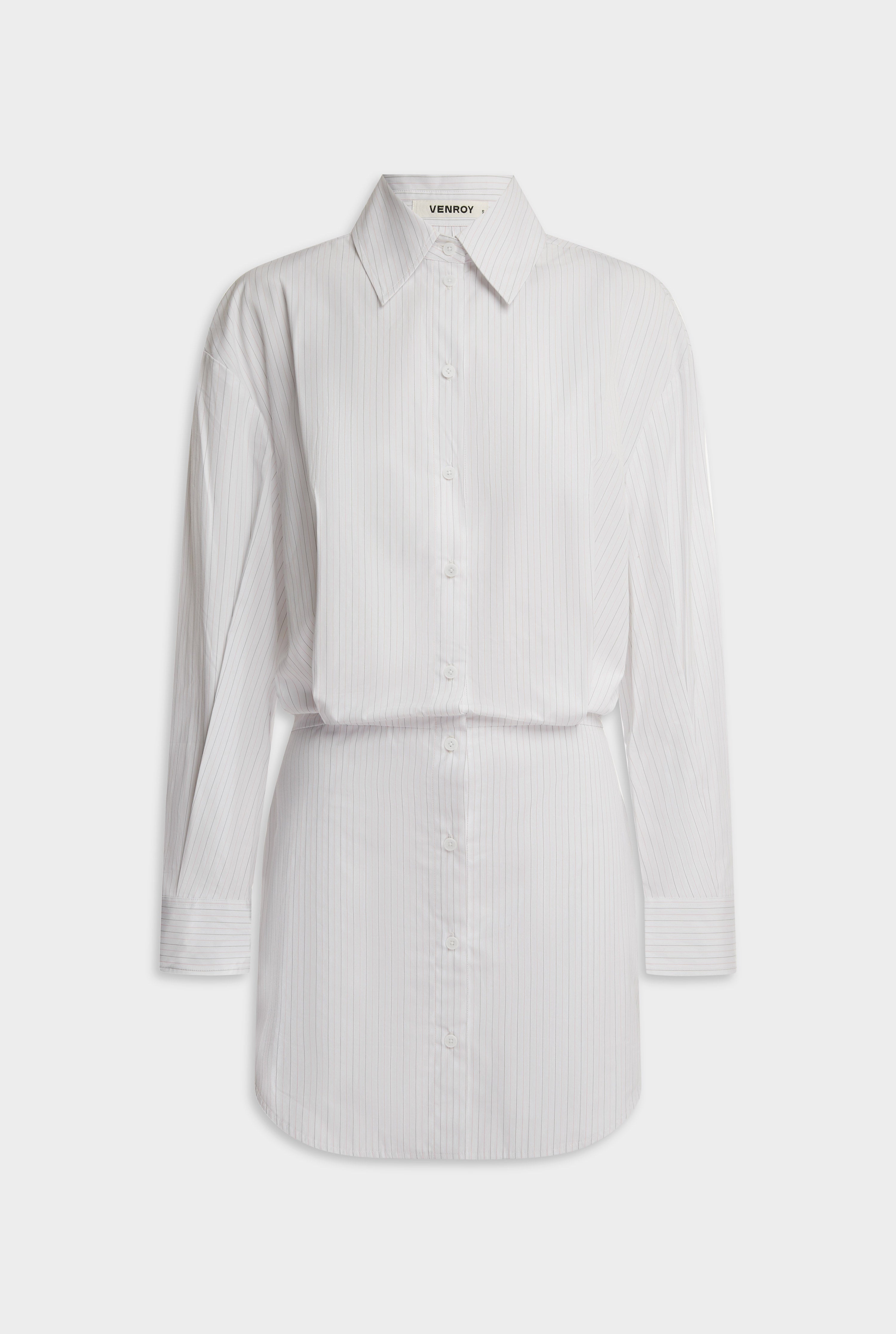 Cotton Shirt Mini Dress - White/Sage/Peach Pinstripe