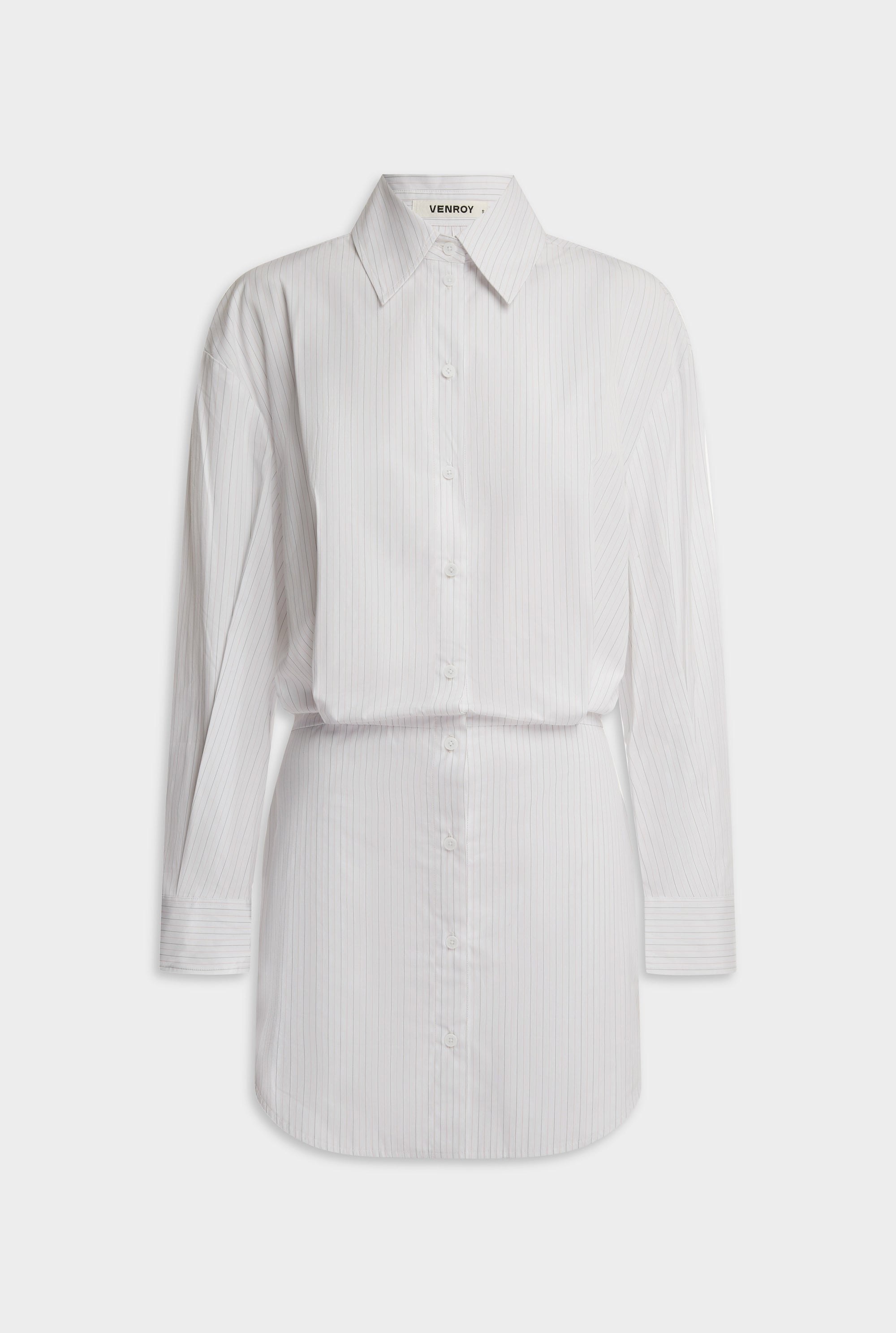 Cotton Shirt Mini Dress - White/Sage/Peach Pinstripe
