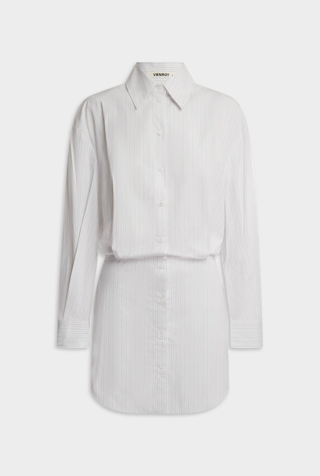 Cotton Shirt Mini Dress - White/Sage/Peach Pinstripe