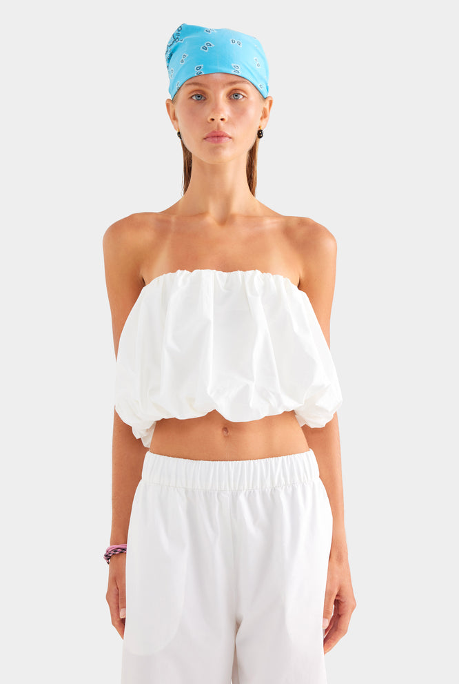 Printed Cotton Strapless Bubble Top - White/Black Hibiscus