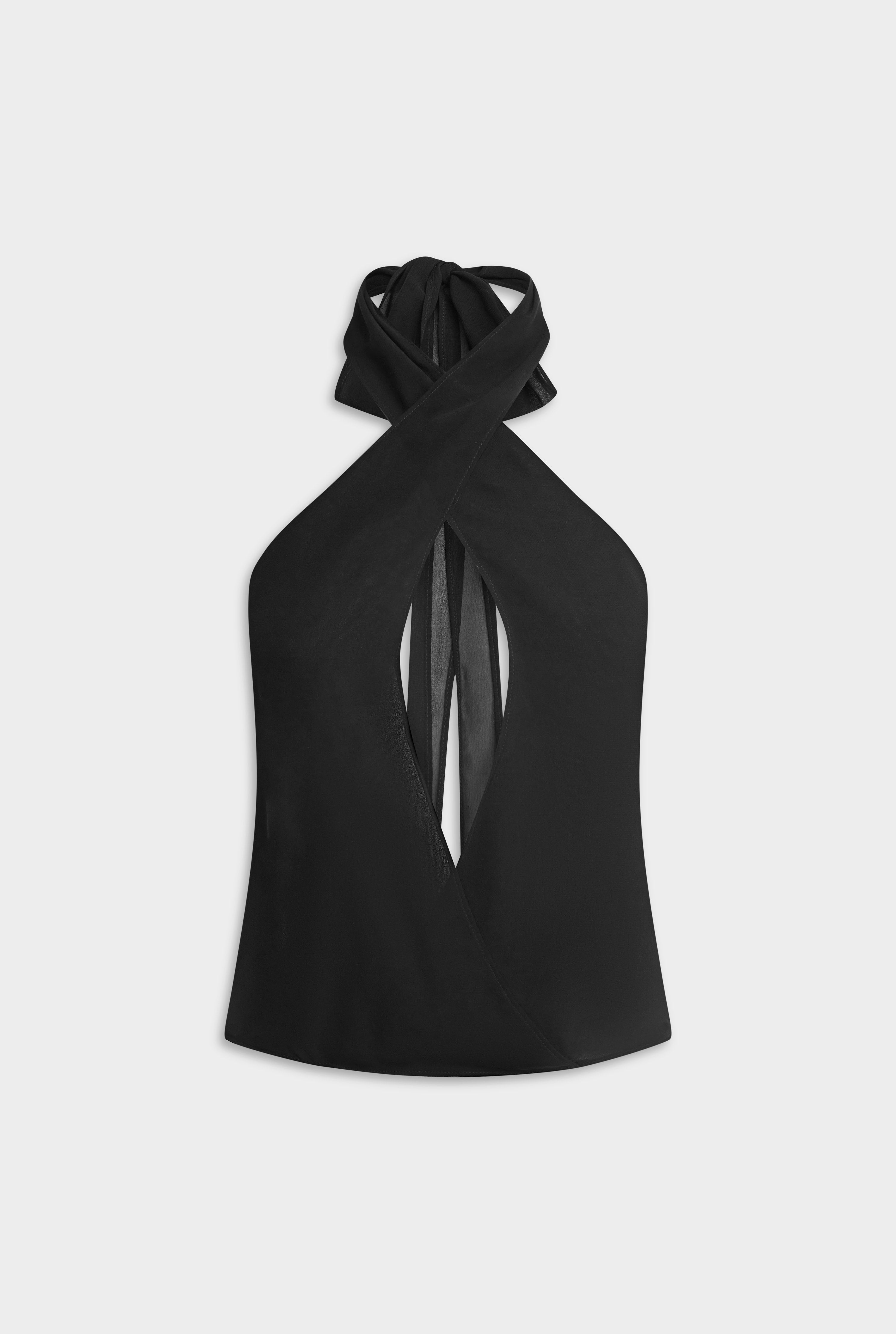 Cross Front Silk Scarf Top - Black