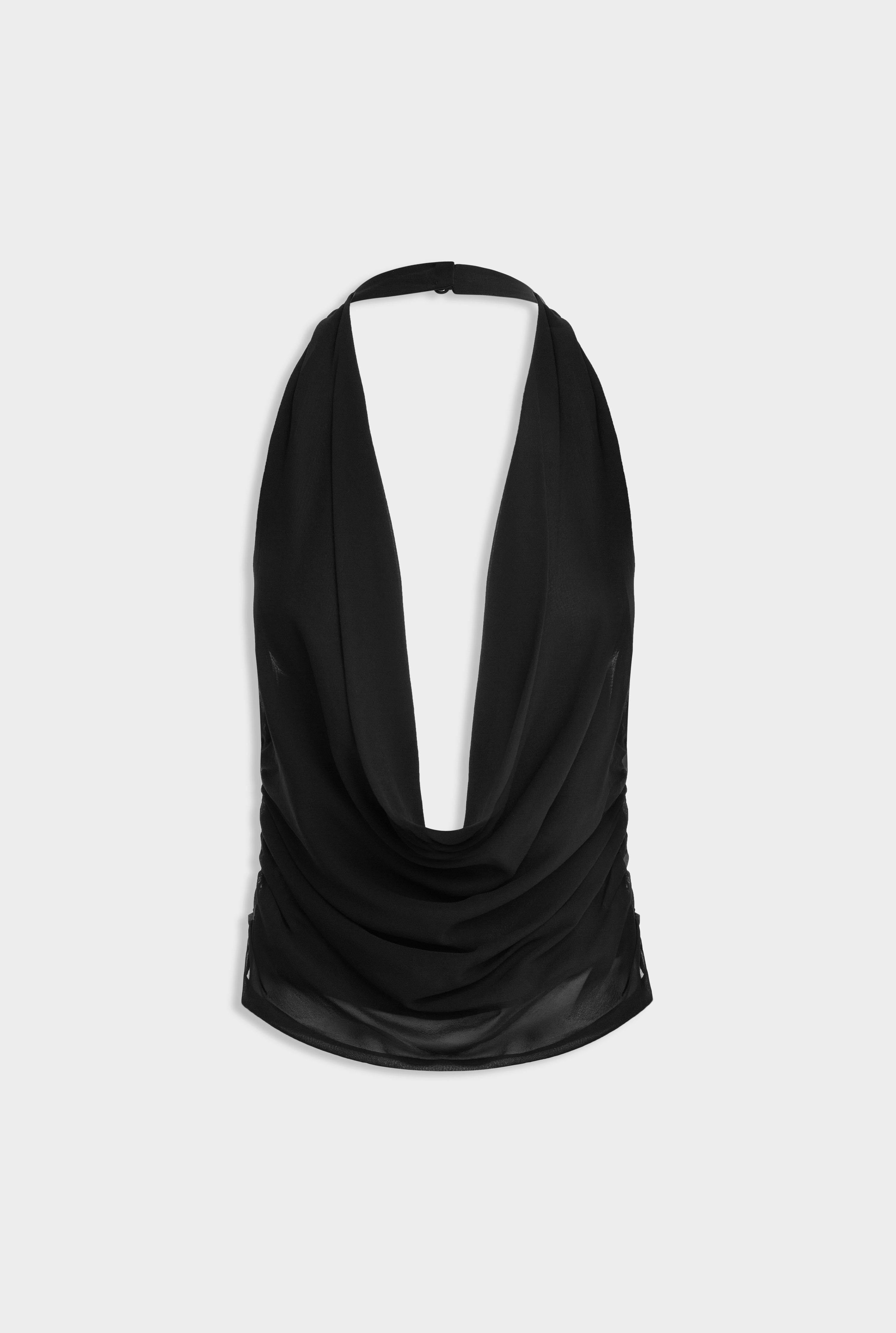 Deep Cowl Sheer Silk Halter - Black