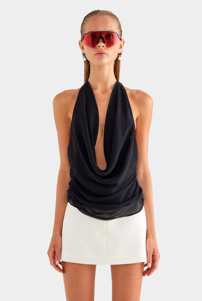 Deep Cowl Sheer Silk Halter - Chocolate