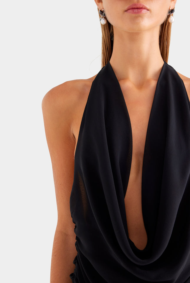 Deep Cowl Sheer Silk Halter - Black