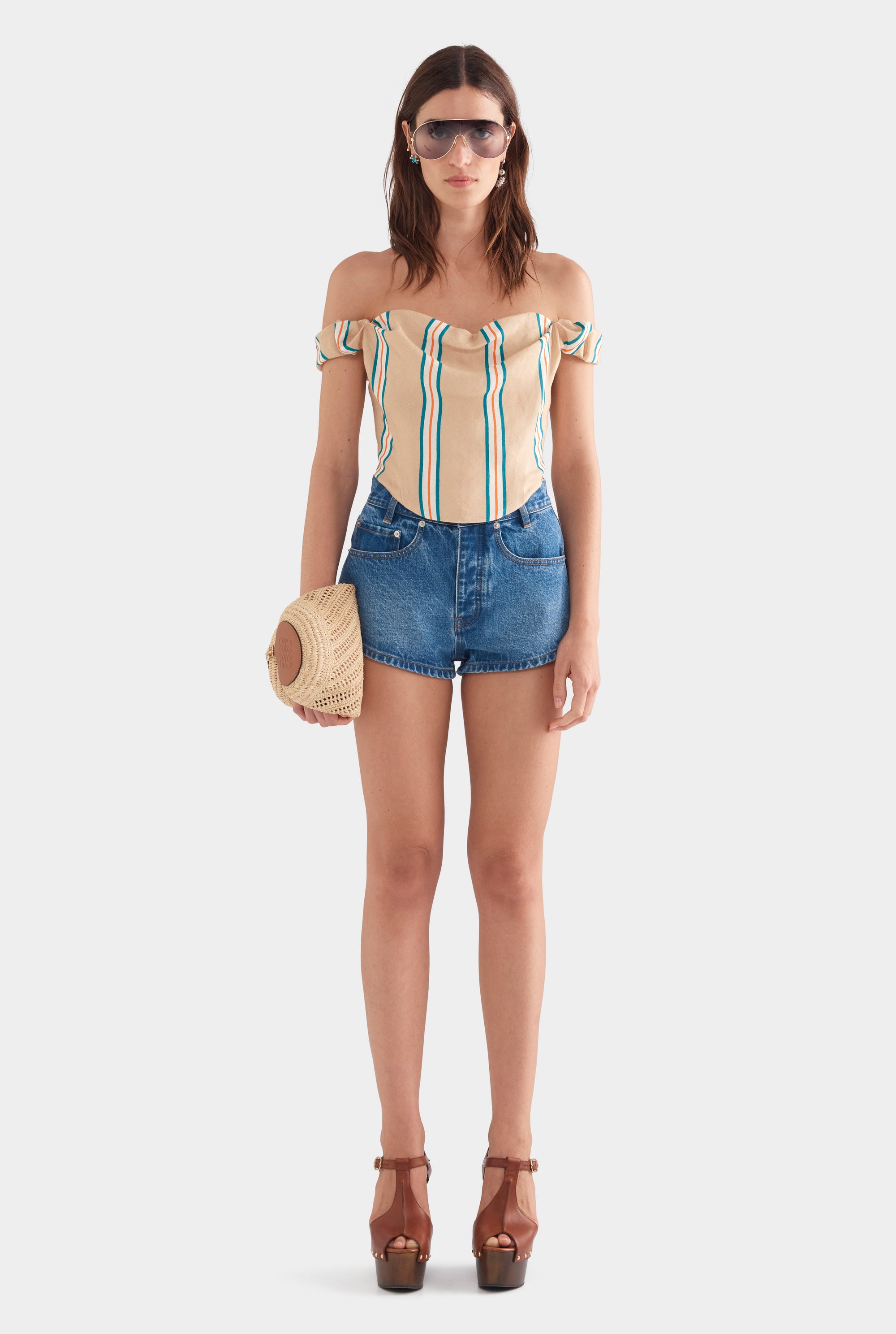 Draped Linen Corset Top - Hazelnut/Teal/Orange Stripe