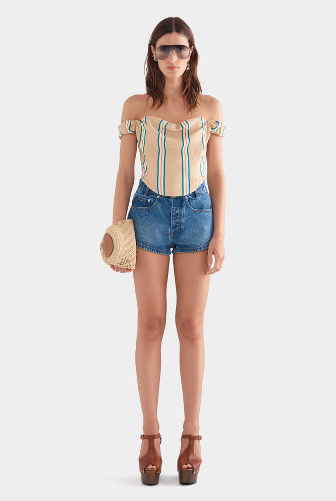 Draped Linen Corset Top - Hazelnut/Teal/Orange Stripe