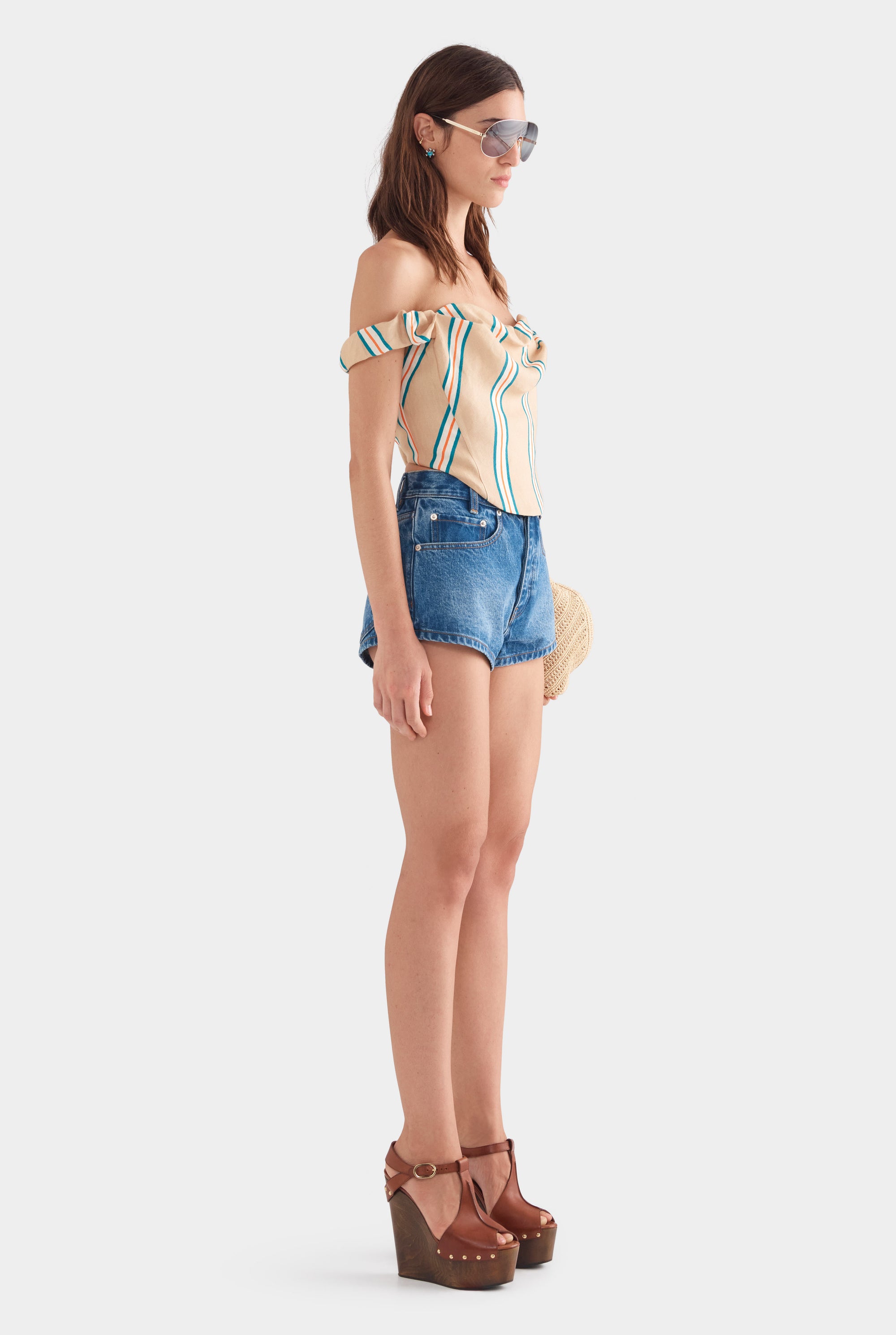Draped Linen Corset Top - Hazelnut/Teal/Orange Stripe