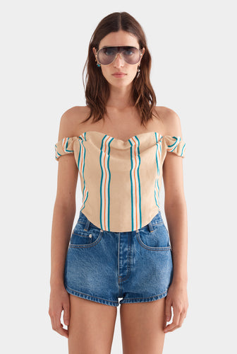 Draped Linen Corset Top - Hazelnut/Teal/Orange Stripe