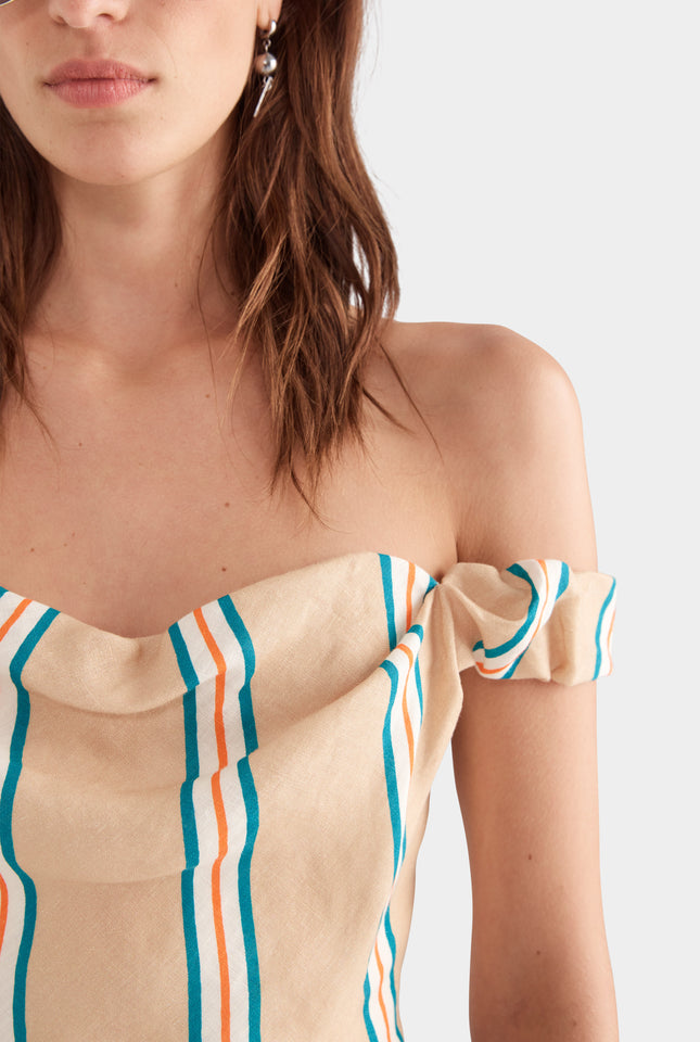 Draped Linen Corset Top - Hazelnut/Teal/Orange Stripe