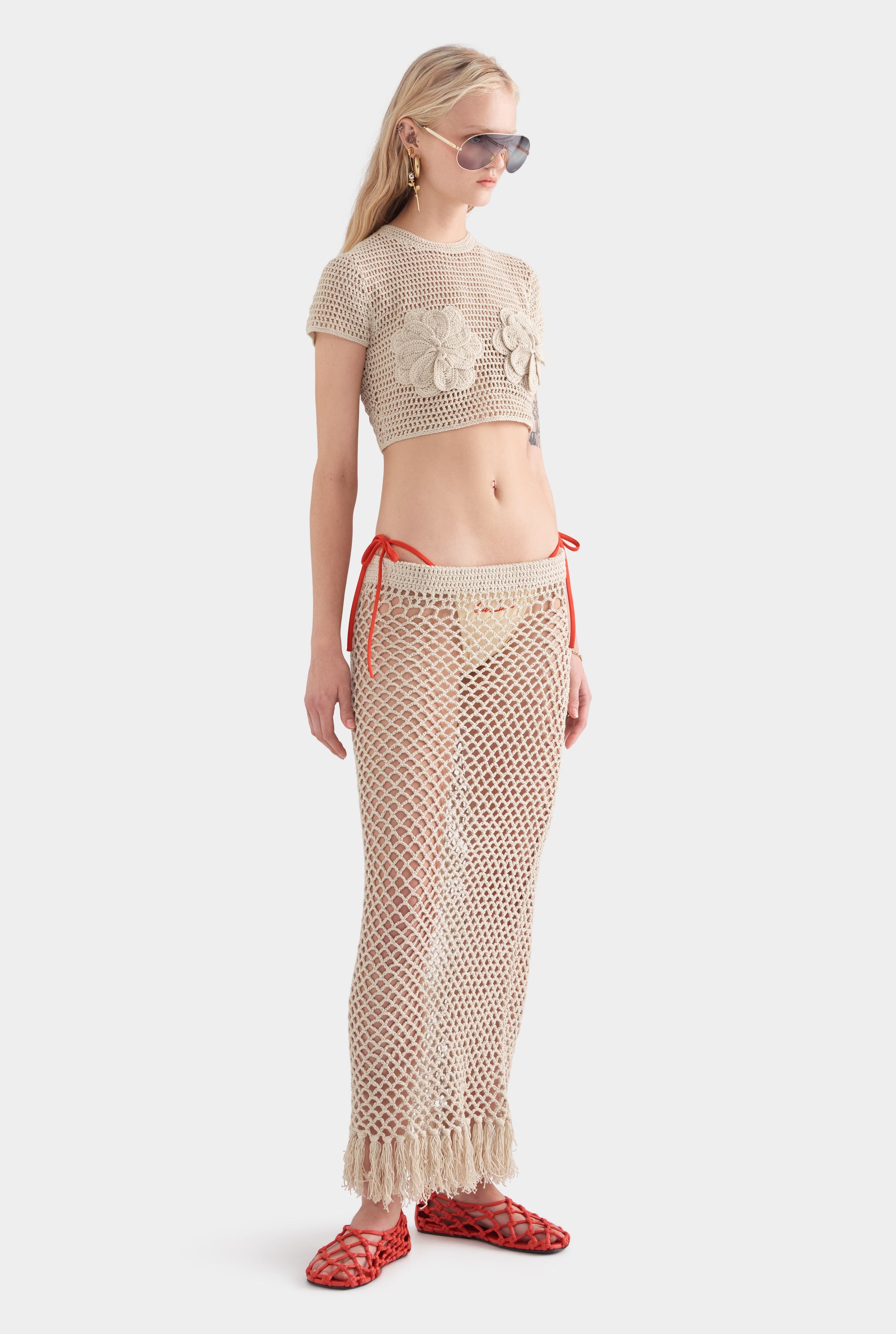 Fringed Crochet Cotton Midi Skirt - Natural